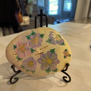 Hand Painted Rock with Stand. About 4 inches